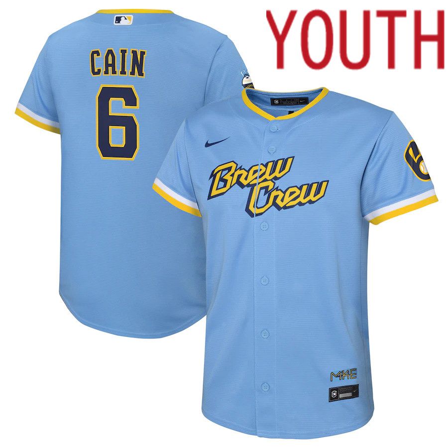 Custom Youth Milwaukee Brewers #6 Lorenzo Cain Nike Powder Blue 2022 City Connect Replica Player MLB Jersey->customized mlb jersey->Custom Jersey